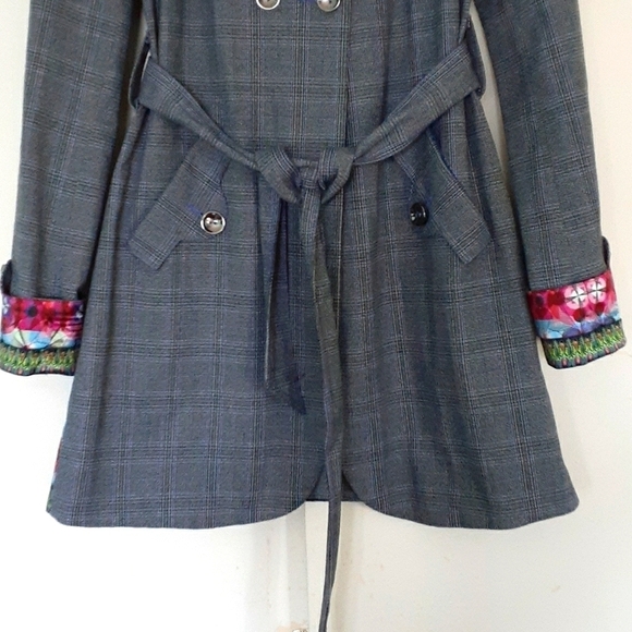 Custo Barcelona Vintage Plaid Double Breasted Belted Coat Embroidered Size 10 - Picture 6 of 16